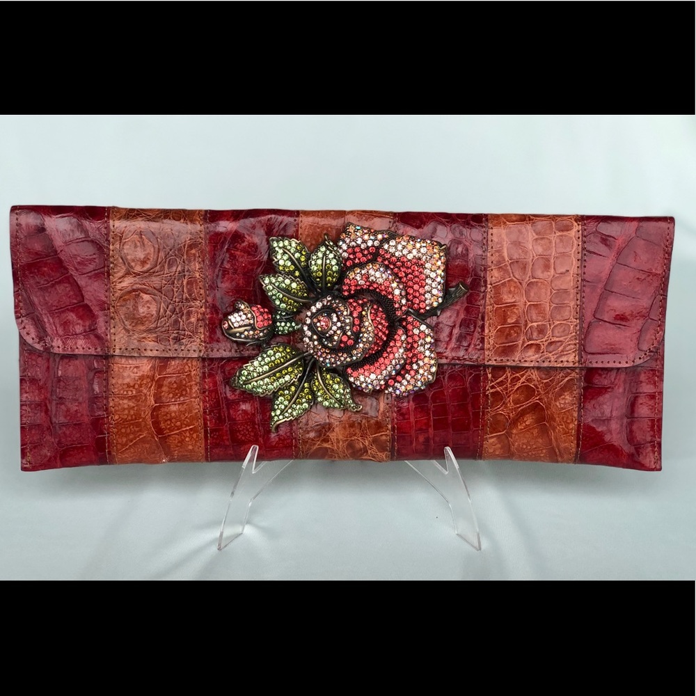 Real exotic leather clutch with crystal brooch